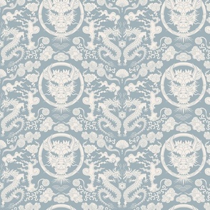 chinese dragon damask two-tone neutral on dusty blue | medium