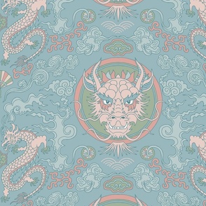 chinese dragon damask muted green and blue | medium