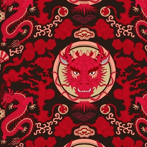 chinese dragon damask red and black | medium