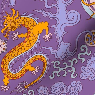 chinese dragon damask purple and flame orange | medium