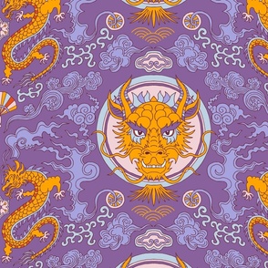 chinese dragon damask purple and flame orange | medium