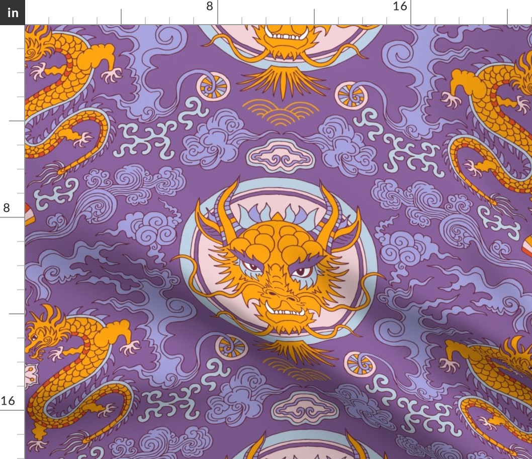 chinese dragon damask purple and flame orange | medium