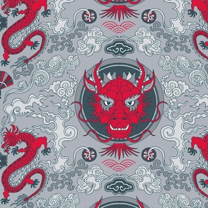 chinese dragon damask red and gray | medium