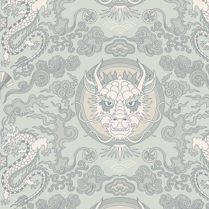 chinese dragon damask soft green and gray | medium