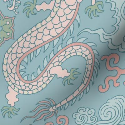chinese dragon damask soft green and blue | large
