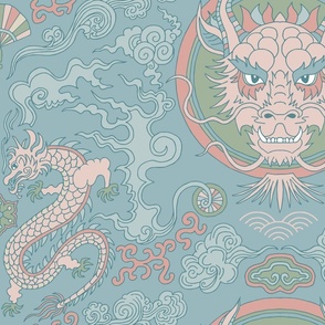 chinese dragon damask soft green and blue | large