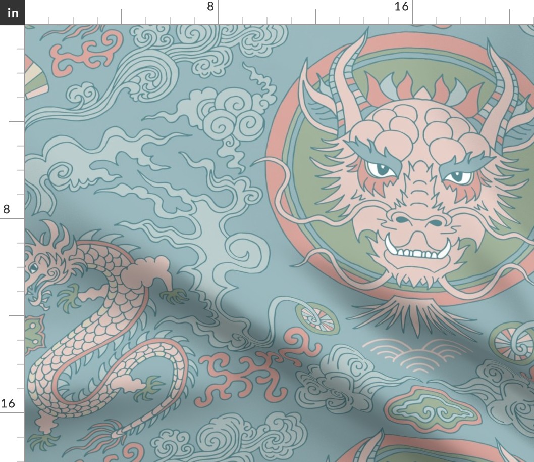 chinese dragon damask soft green and blue | large