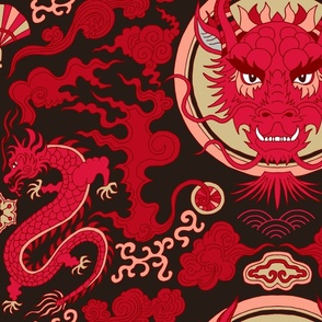 chinese dragon damask red on black | large