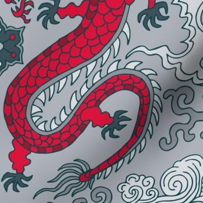 chinese dragon damask red and cool gray | large