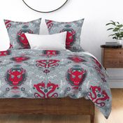 chinese dragon damask red and cool gray | large