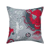 chinese dragon damask red and cool gray | large