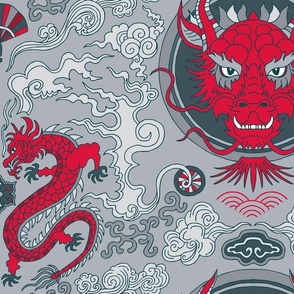 chinese dragon damask red and cool gray | large