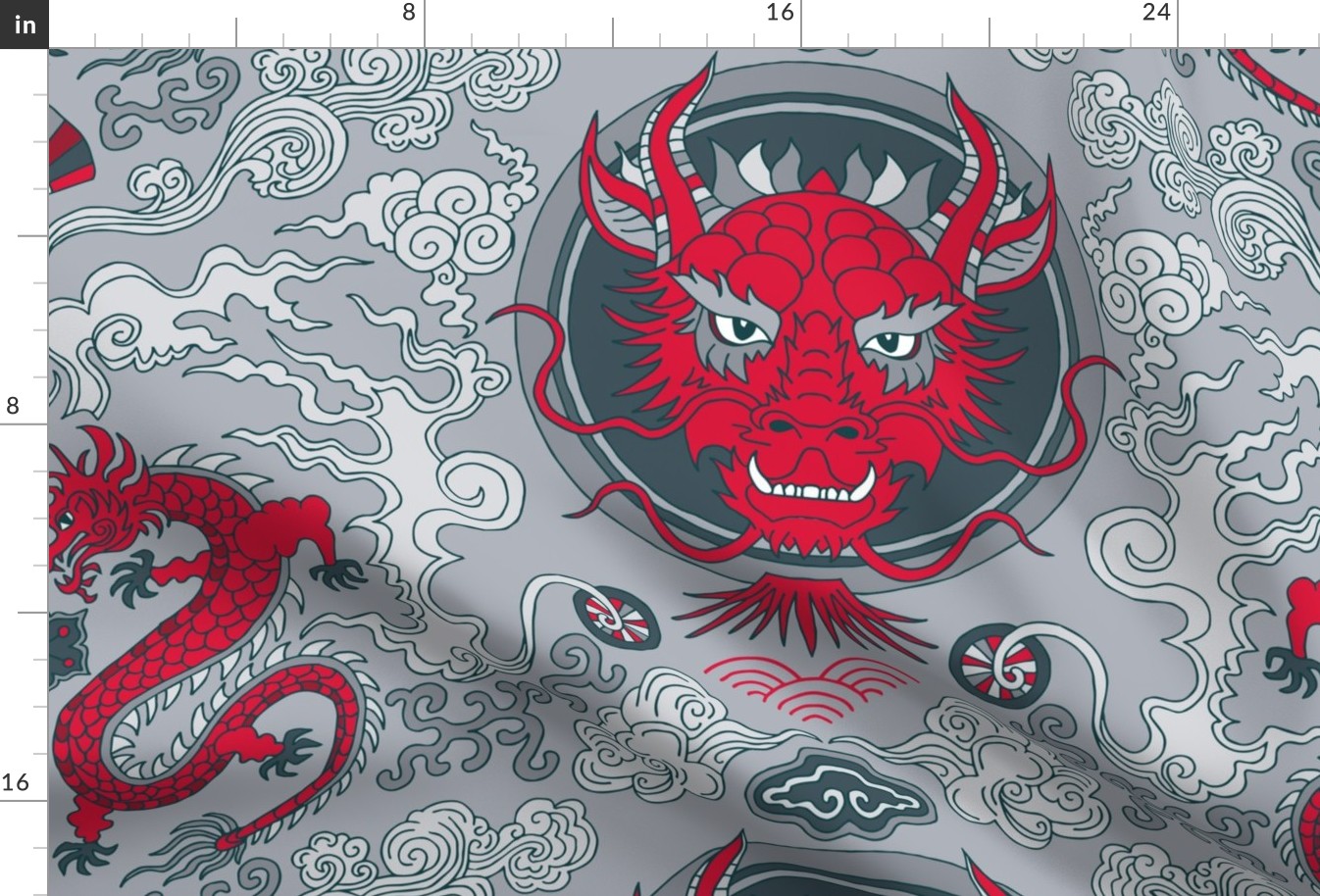 chinese dragon damask red and cool gray | large