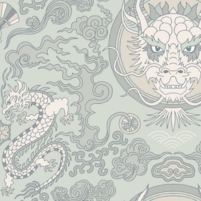 chinese dragon damask gray on light green | large