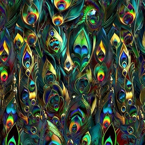 peacock feathers, gemstones, surrealism, gold, rainbow, birds