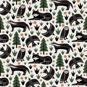 (M) Black Forest animals block print woodland black white orange green