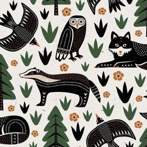 (L) Black Forest animals block print woodland black white orange green