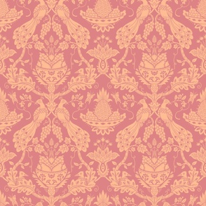 Damask Peacock  with fruit bowls - Mauve on Peach