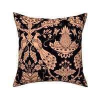 Damask Peacock  with fruit bowls -peach  on black