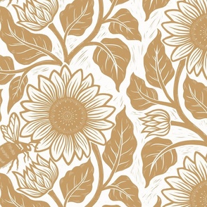 L // Sunflower block print in tan brown on white