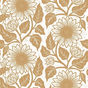 M // Sunflower block print in tan brown on white