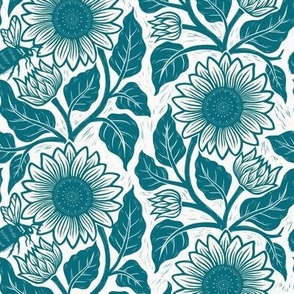 XS // Sunflower block print in teal blue on white