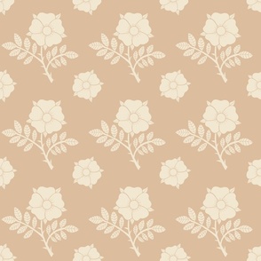 Vintage damask style English roses and rose medallions in warm creamy ecru on sandy beige