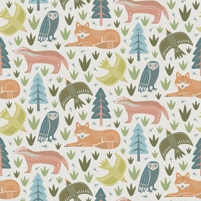 (M)  Black Forest animals block print woodland pastel colors