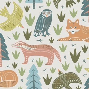 (L)  Black Forest animals block print woodland pastel colors