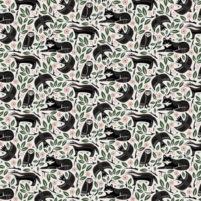 (S)  Black Forest animals and flowers block print woodland black white green pink