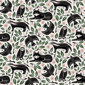 (M) Black Forest animals and flowers block print bw green pink