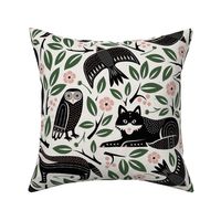 (L) Black Forest animals and flowers block print bw green pink