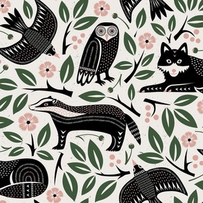 (L) Black Forest animals and flowers block print bw green pink