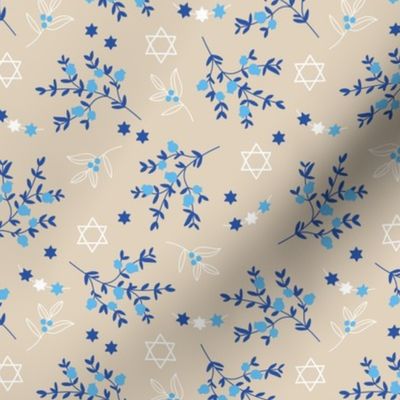 Happy Hanukkah - pomegranate branches traditional jewish holiday icons blue white on sand