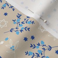 Happy Hanukkah - pomegranate branches traditional jewish holiday icons blue white on sand