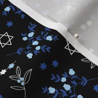 Happy Hanukkah - pomegranate branches traditional jewish holiday icons blue white on black