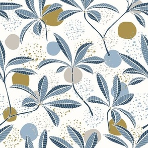 Tropical Leaves in Blue and Cream