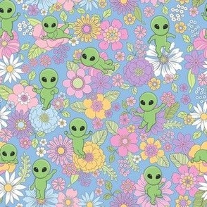 Cute Aliens with Flowers - Small Scale - Pastel Blue Background Novelty Pastel Floral Space Kid Girl Little Green Men