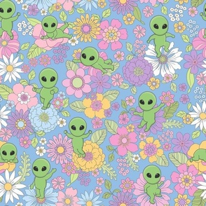 Cute Aliens with Flowers - Medium Scale - Pastel Blue Background Novelty Pastel Floral Space Kid Girl Little Green Men