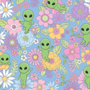 Cute Aliens with Flowers - Large Scale - Pastel Blue Background Novelty Pastel Floral Space Kid Girl Little Green Men