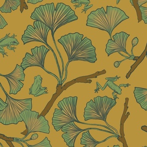 gold ginko leaves and tree frogs