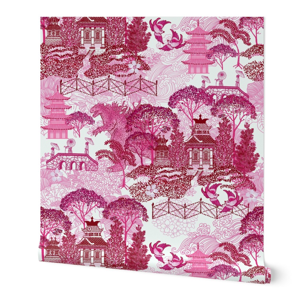 Pink Godzilla Blue Willow Pattern Wallpaper | Spoonflower