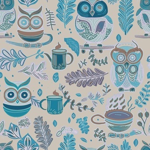 Owl and tea pattern blue gray