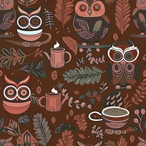 Owl and tea pattern brown orange