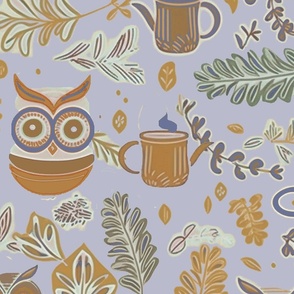 Owl and tea pattern gray orange