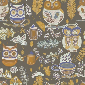 Owl and tea pattern brown yellow ocre