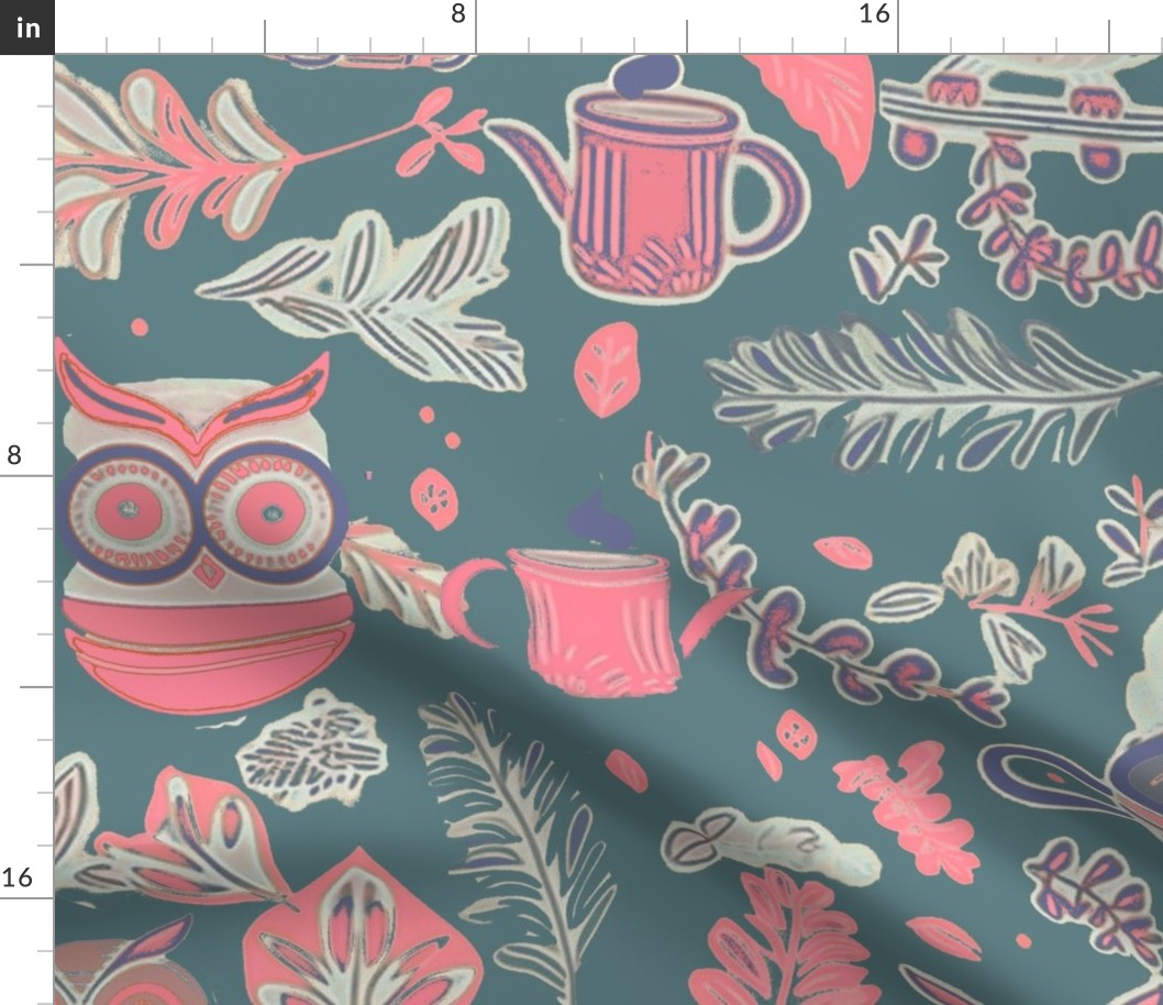 Owl and tea pattern pink blue green