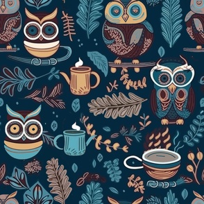 Owl and tea pattern brown dark blue