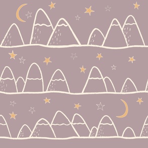 mountain life, stars, moon, lavender, white outline, night, the woods, soft colors, simple illustration, kids, nurse scrubs, hiking, mountain trail, forest, camping, tent life, snowy mountains, starry night, wilderness, great wide open, constellation