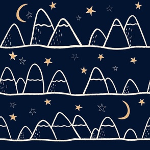 mountain life, stars, moon, blue, white outline, night, the woods, soft colors, simple illustration, kids, nurse scrubs, hiking, mountain trail, forest, camping, tent life, snowy mountains, starry night, wilderness, great wide open, constellation